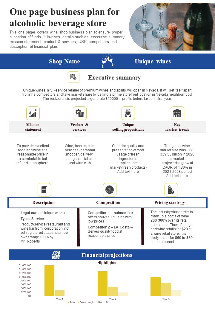 One Page Business Plan For Alcoholic Beverage Store PDF Document PPT Template