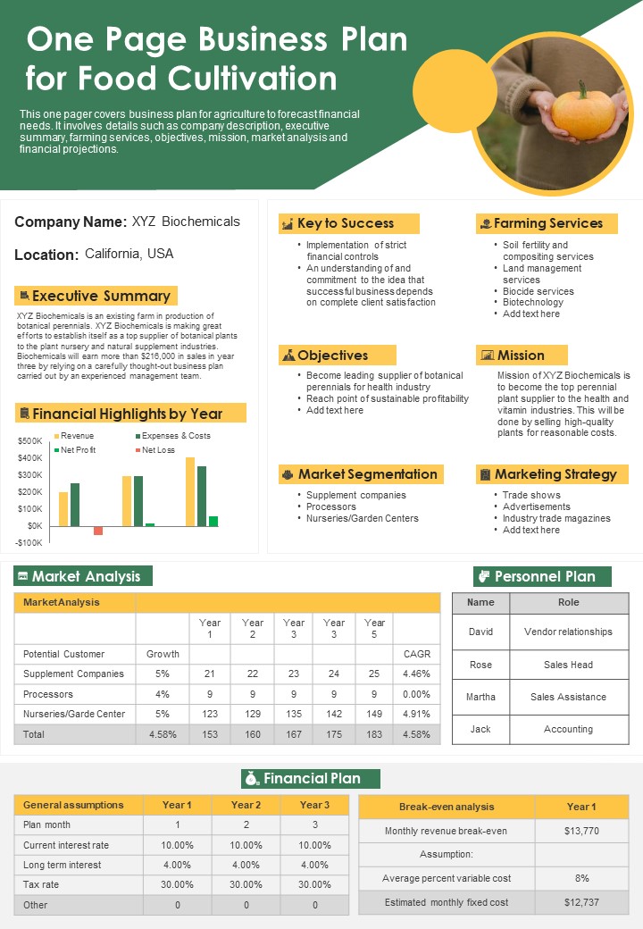 One Page Business Plan For Food Cultivation PDF Document PPT Template