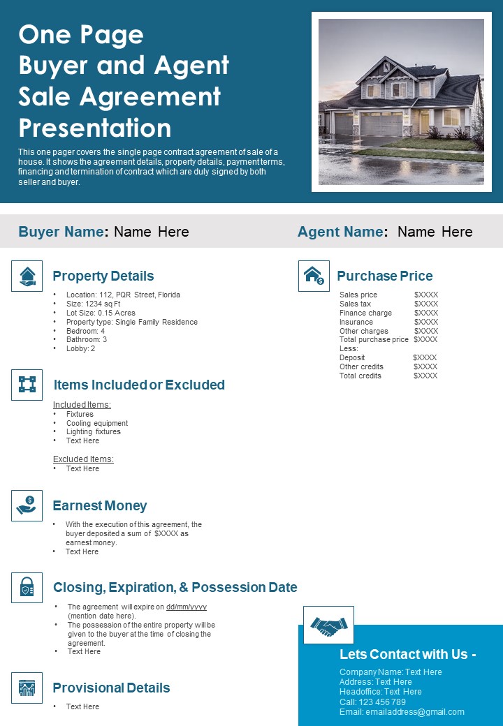 One Page Buyer And Agent Sale Agreement Presentation PDF Document PPT Template