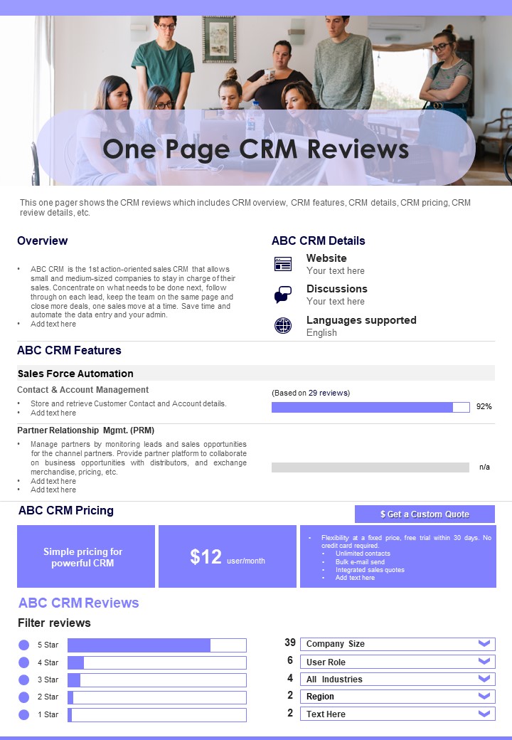One Page CRM Reviews PDF Document PPT Template