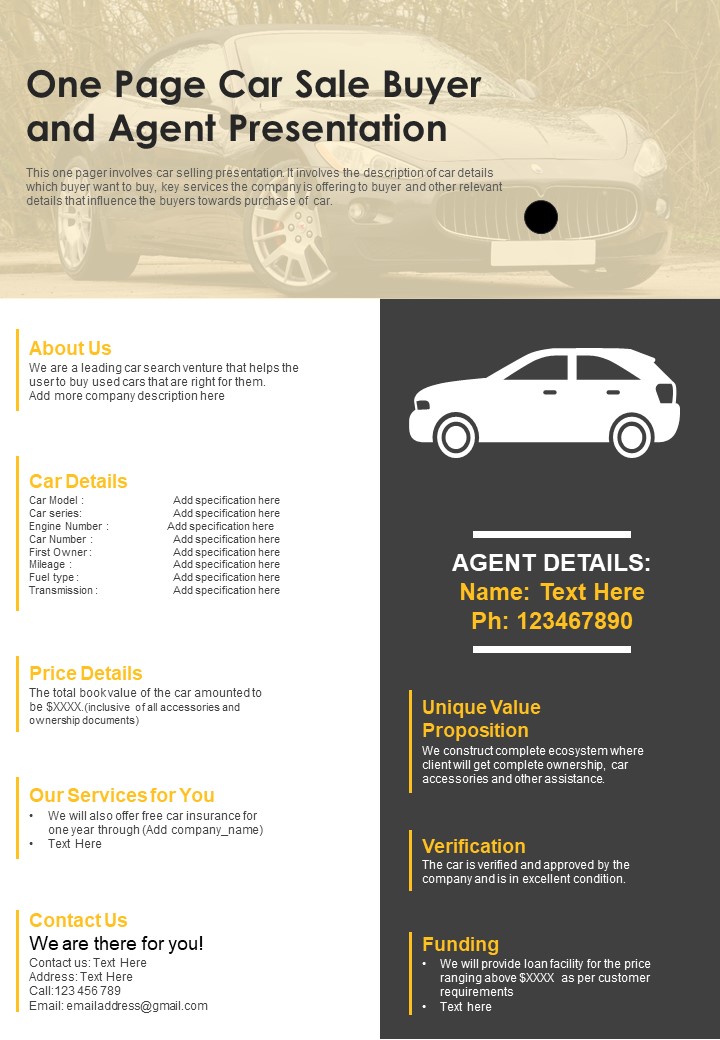 One Page Car Sale Buyer And Agent Presentation PDF Document PPT Template