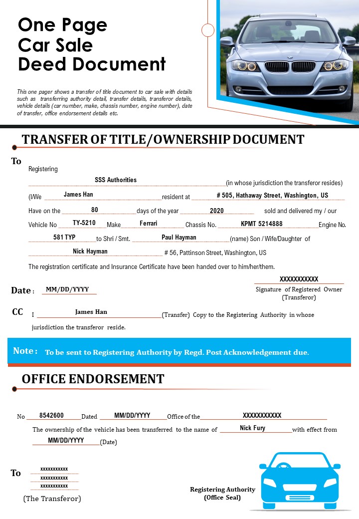 One Page Car Sale Deed Document PDF Document PPT Template