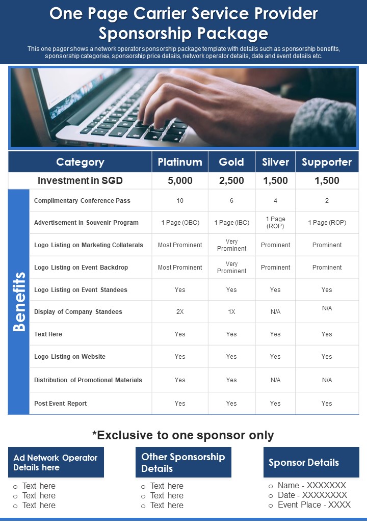 One Page Carrier Service Provider Sponsorship Package PDF Document PPT Template