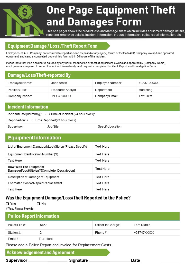 One Page Equipment Theft And Damages Form PDF Document PPT Template