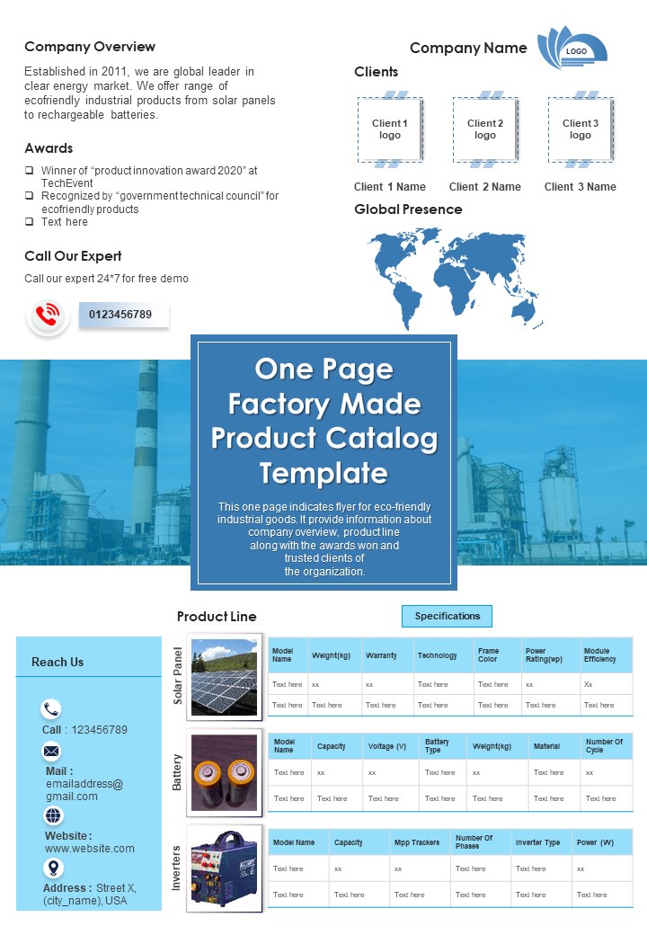 One Page Factory Made Product Catalog Template PDF Document PPT Template