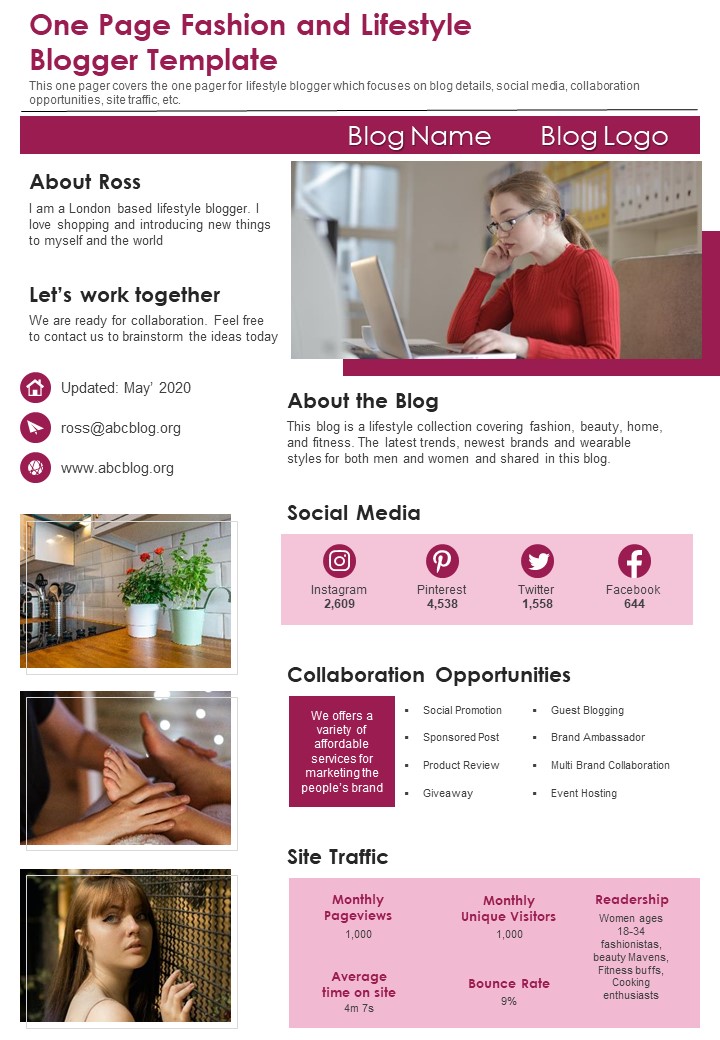 One Page Fashion And Lifestyle Blogger Template PDF Document PPT Template