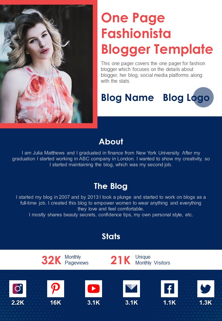 One Page Fashionista Blogger Template PDF Document PPT Template