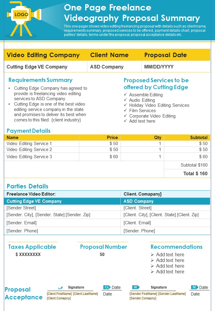 One Page Freelance Videography Proposal Summary PDF Document PPT Template