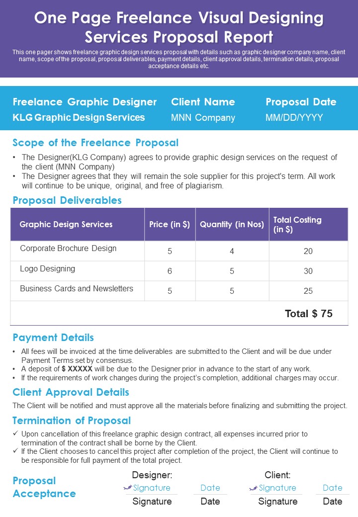 One Page Freelance Visual Designing Services Proposal Report PDF Document PPT Template