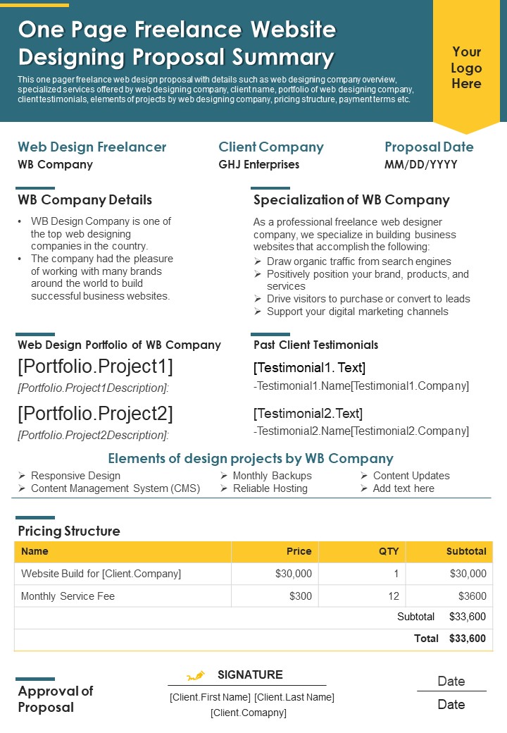 One Page Freelance Website Designing Proposal Summary PDF Document PPT Template