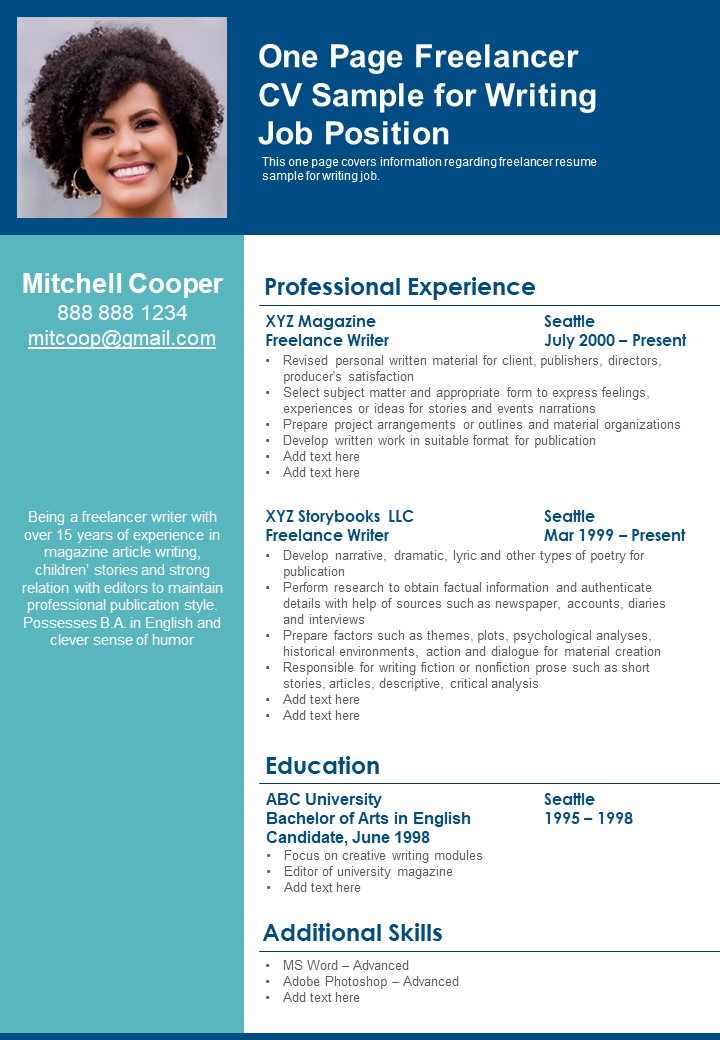 One Page Freelancer CV Sample For Writing Job Position PDF Document PPT Template