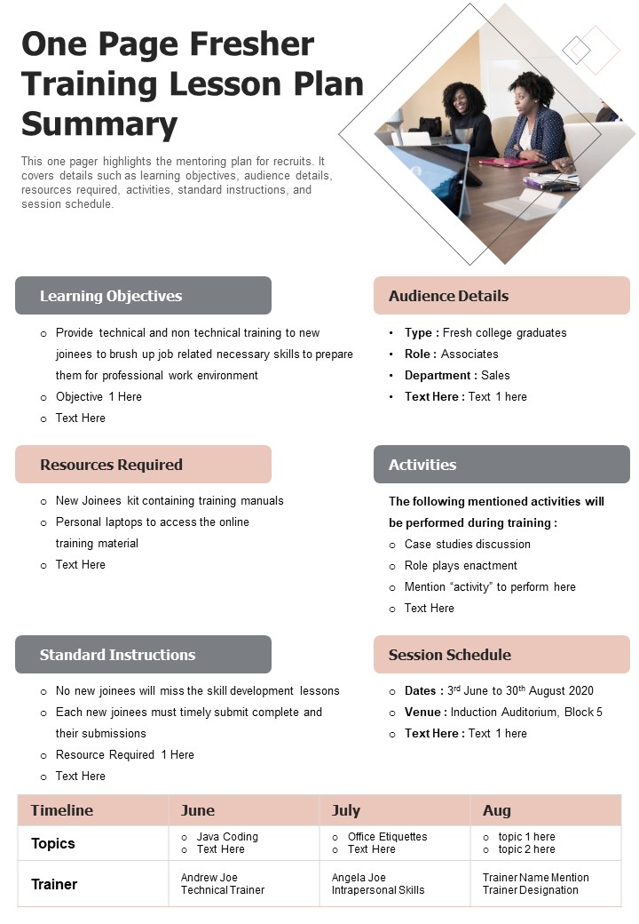 One Page Fresher Training Lesson Plan Summary PDF Document PPT Template