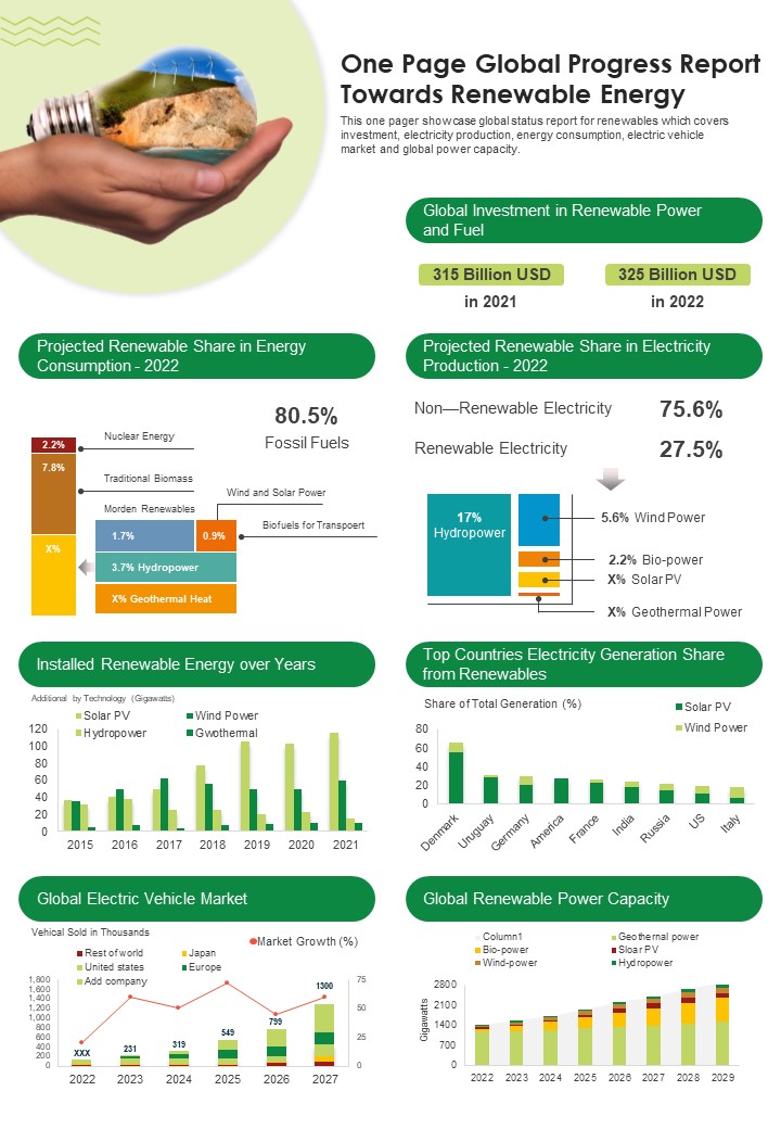 One Page Global Progress Report Towards Renewable Energy PDF Document PPT Template