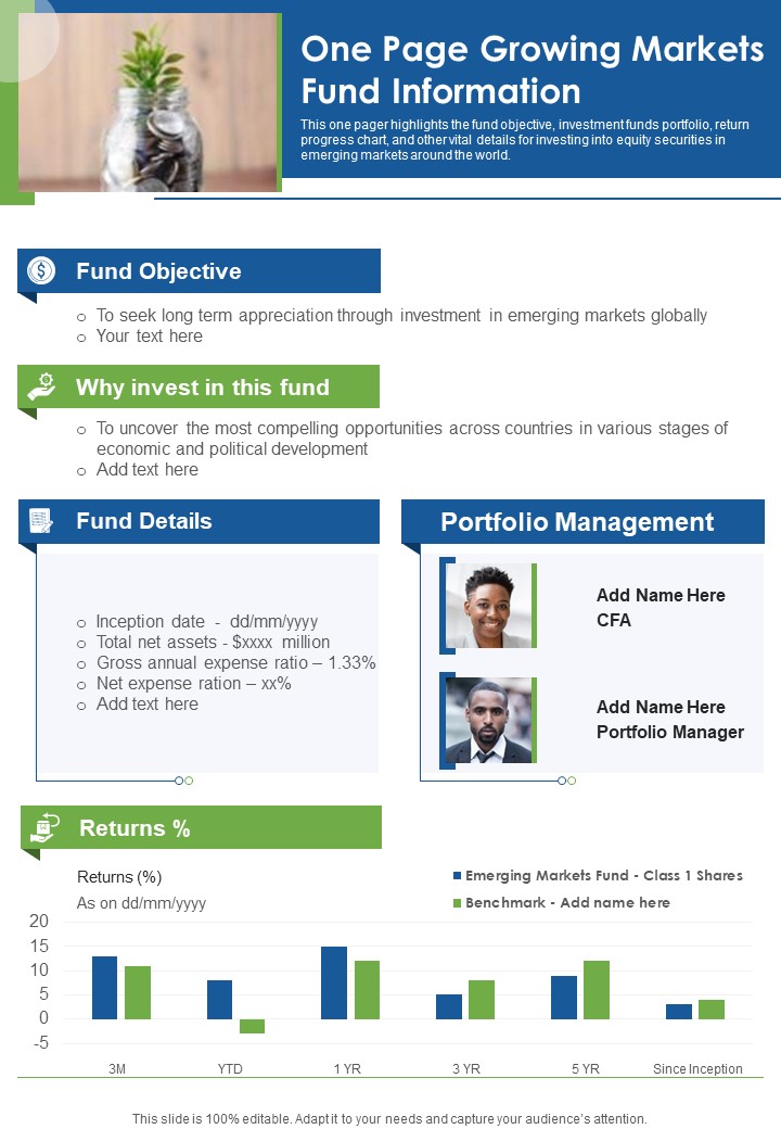 One Page Growing Markets Fund Information PDF Document PPT Template
