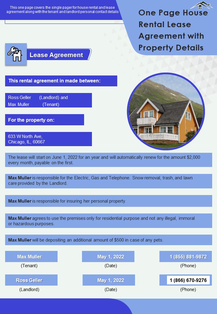 One Page House Rental Lease Agreement With Property Details PDF Document PPT Template