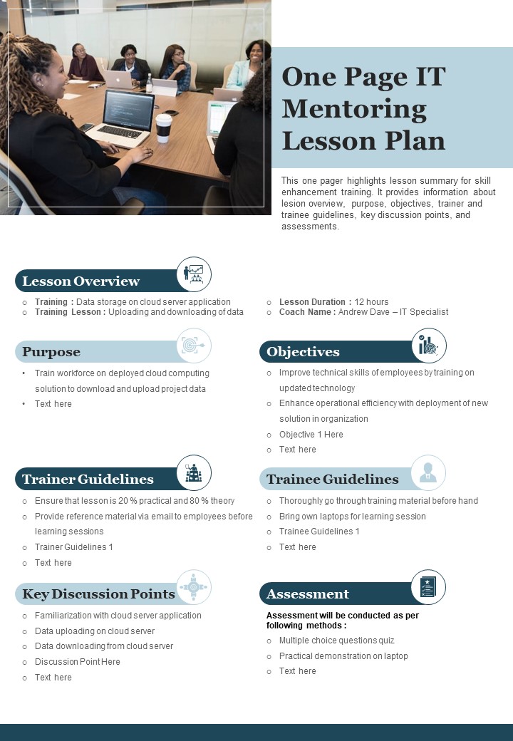 One Page IT Mentoring Lesson Plan PDF Document PPT Template