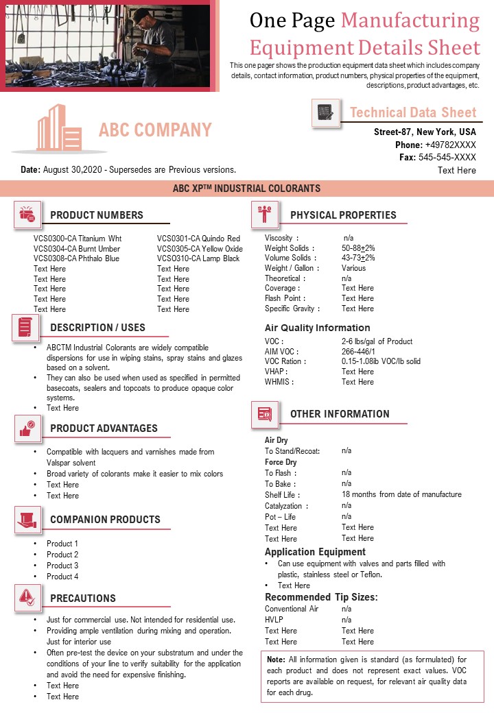 One Page Manufacturing Equipment Details Sheet PDF Document PPT Template