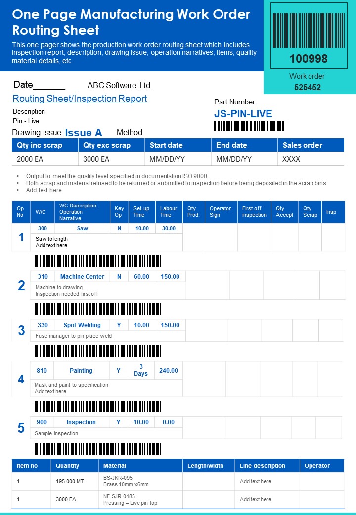 One Page Manufacturing Work Order Routing Sheet PDF Document PPT Template