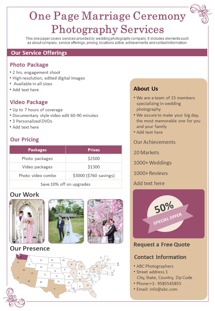 One Page Marriage Ceremony Photography Services PDF Document PPT Template