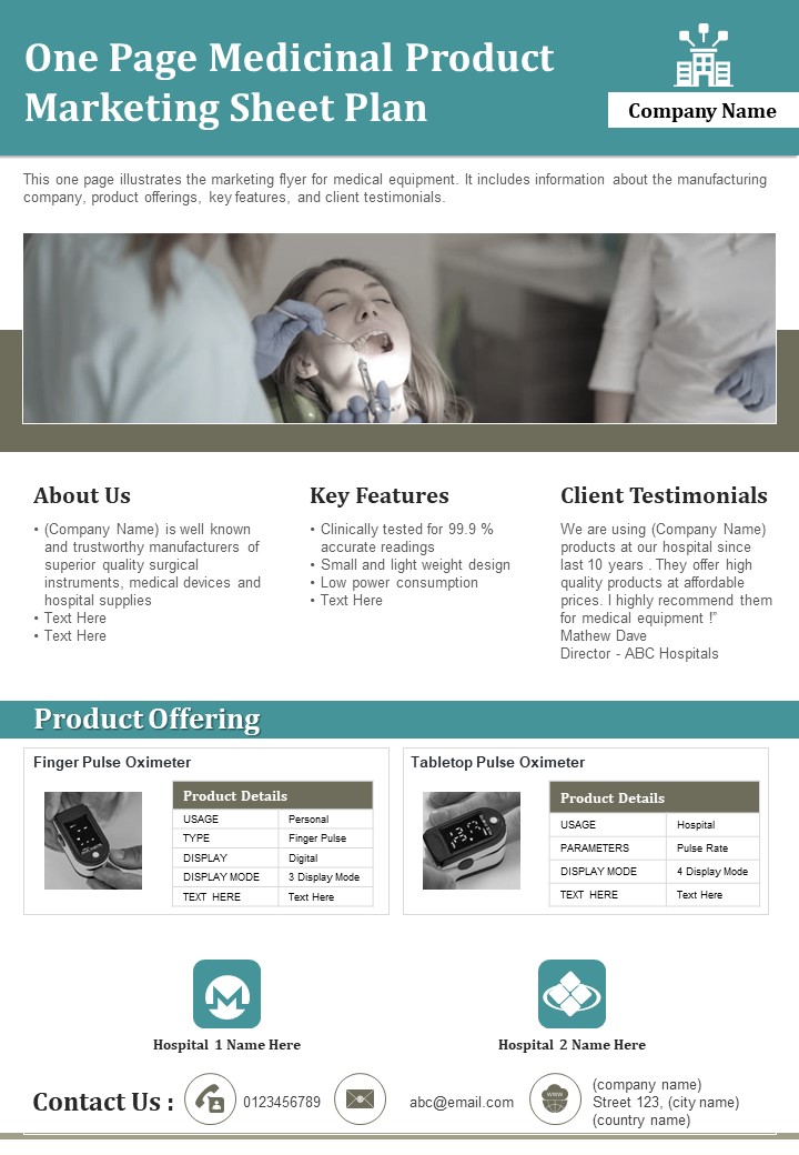 One Page Medicinal Product Marketing Sheet Plan PDF Document PPT Template