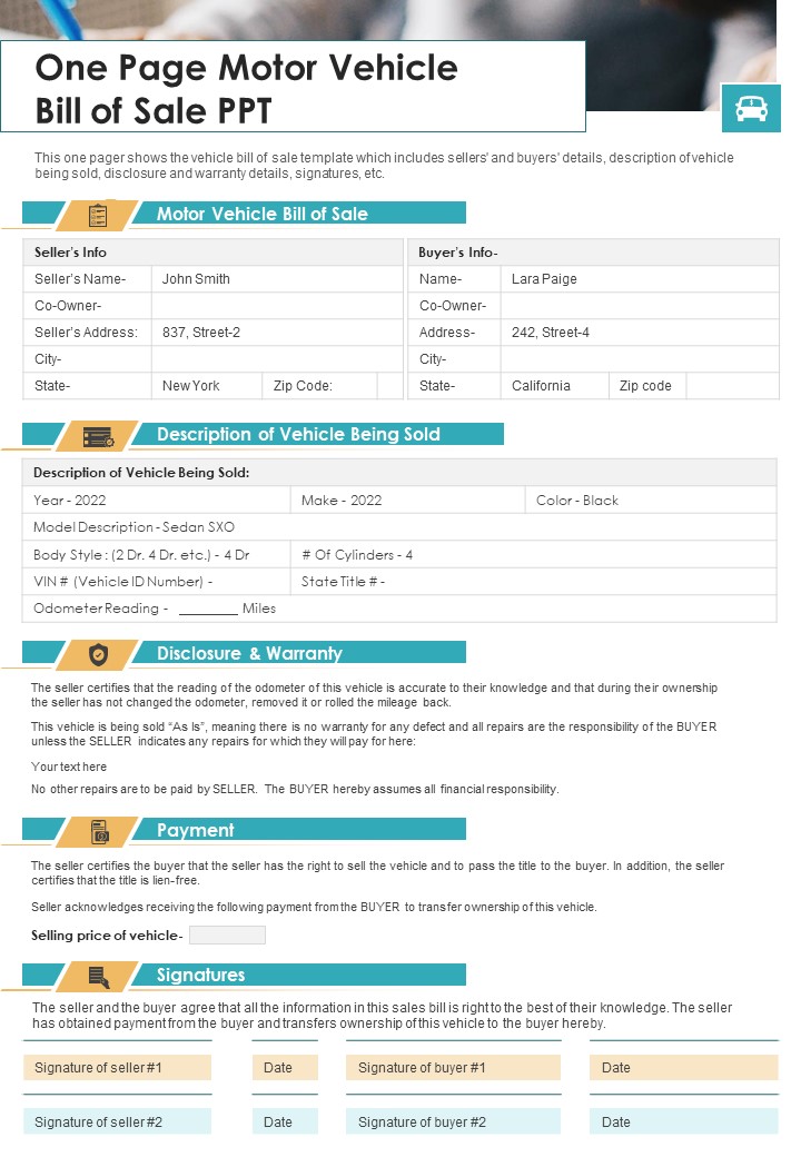 One Page Motor Vehicle Bill Of Sale PPT PDF Document PPT Template