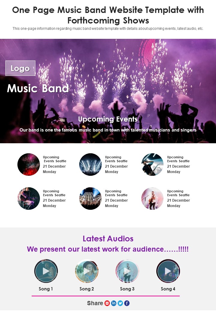 One Page Music Band Website Template With Forthcoming Shows PDF Document PPT Template