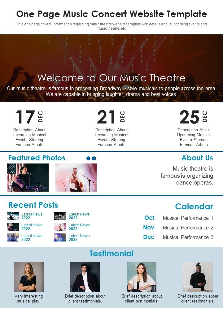 One Page Music Concert Website Template PDF Document PPT Template