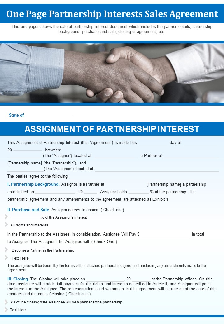 One Page Partnership Interests Sales Agreement PDF Document PPT Template