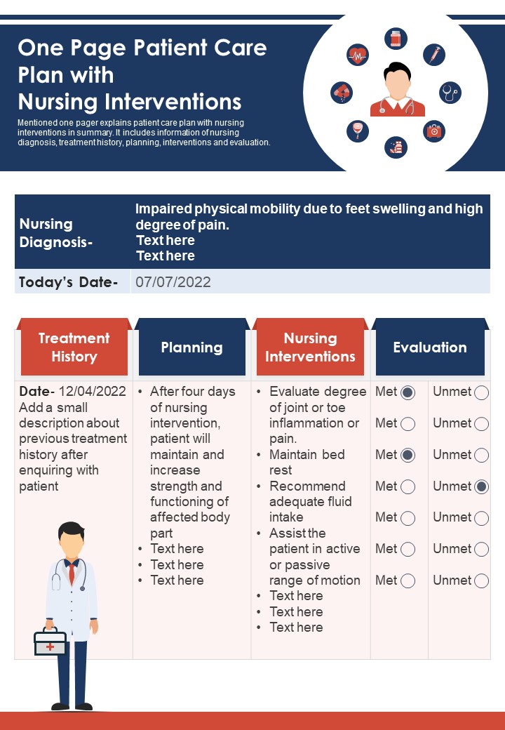 One Page Patient Care Plan With Nursing Interventions PDF Document PPT Template