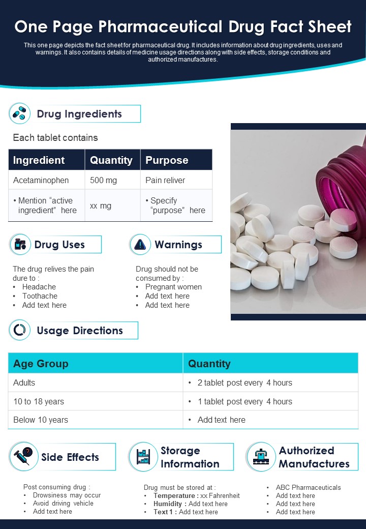 One Page Pharmaceutical Drug Fact Sheet PDF Document PPT Template