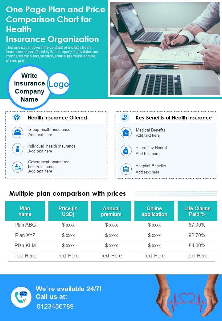 One Page Plan And Price Comparison Chart For Health Insurance Organization PDF Document PPT Template