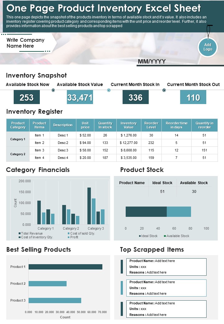 One Page Product Inventory Excel Sheet PDF Document PPT Template