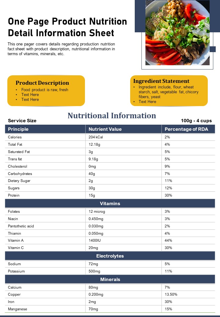 One Page Product Nutrition Detail Information Sheet PDF Document PPT Template