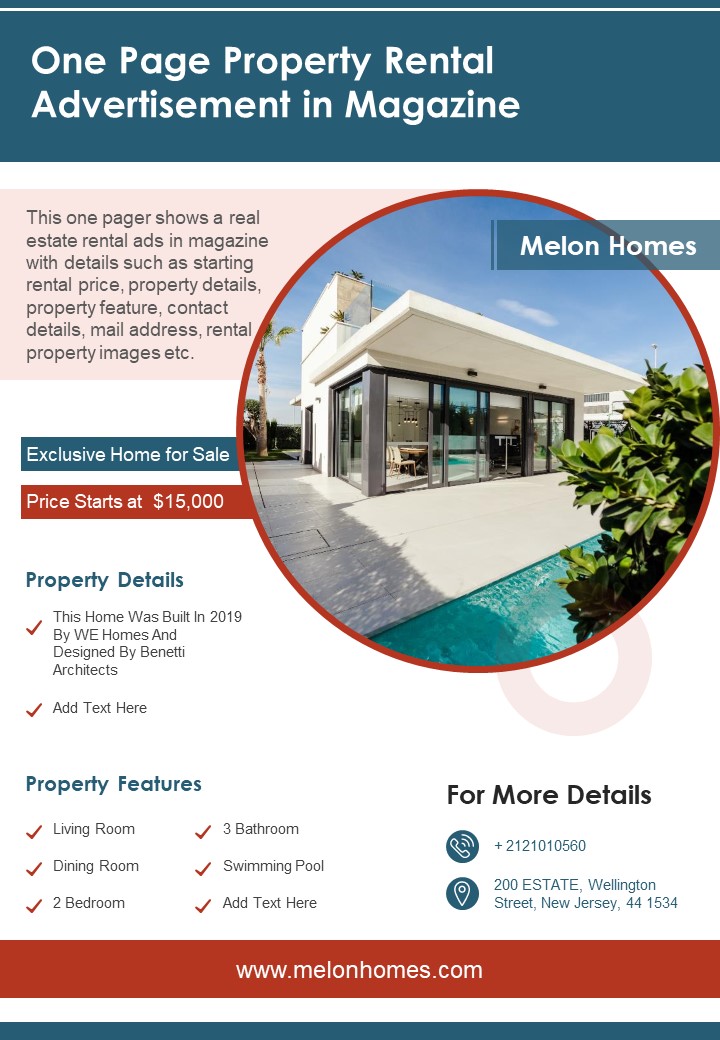 One Page Property Rental Advertisement In Magazine PDF Document PPT Template