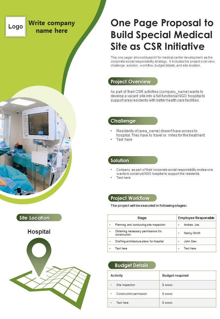 One Page Proposal To Build Special Medical Site As CSR Initiative PDF Document PPT Template