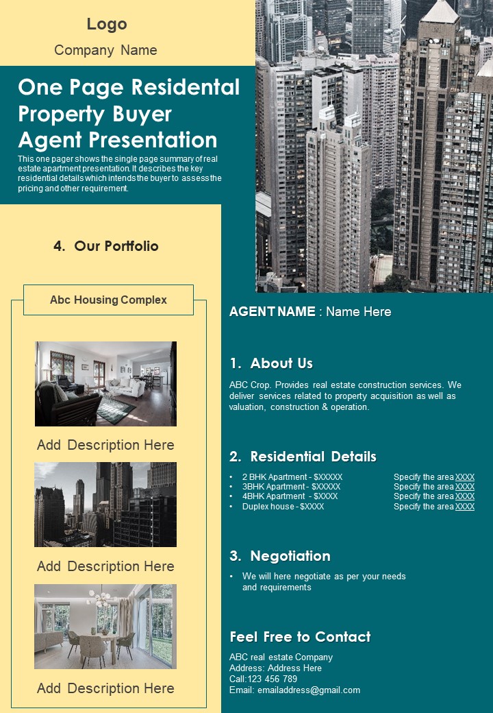 One Page Residental Property Buyer Agent Presentation PDF Document PPT Template