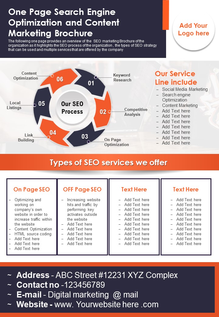 One Page Search Engine Optimization And Content Marketing Brochure PDF Document PPT Template