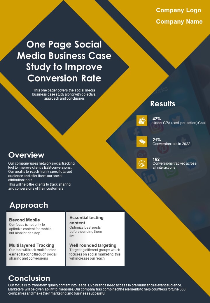 One Page Social Media Business Case Study To Improve Conversion Rate PDF Document PPT Template