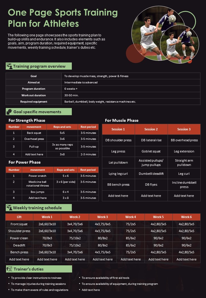 One Page Sports Training Plan For Athletes PDF Document PPT Template
