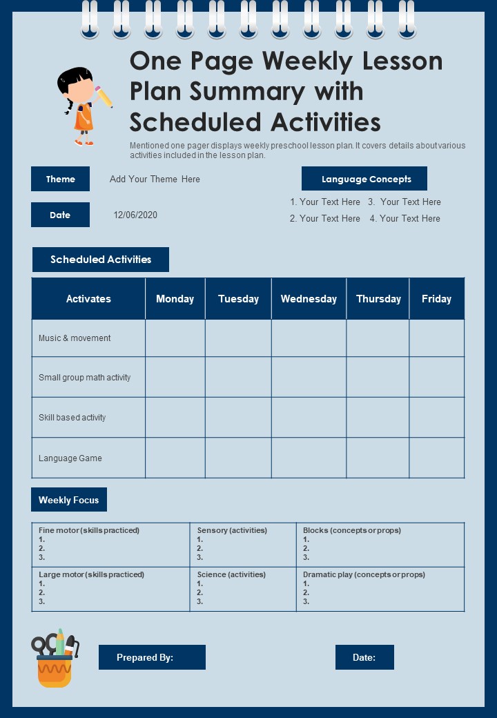 One Page Weekly Lesson Plan Summary With Scheduled Activities PDF Document PPT Template