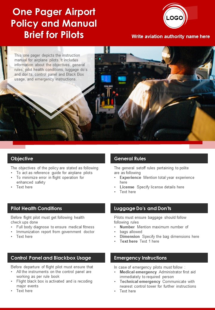 One Pager Airport Policy And Manual Brief For Pilots PDF Document PPT Template