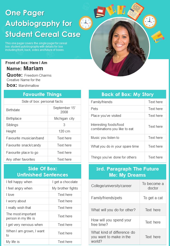 One Pager Autobiography For Student Cereal Case PDF Document PPT Template