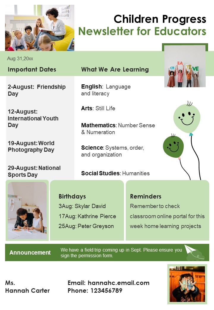 One Pager Children Progress Newsletter For Educators PDF Document PPT Template