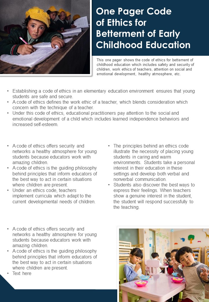 One Pager Code Of Ethnic Betterment Of Early Childhood Education PDF Document PPT Template