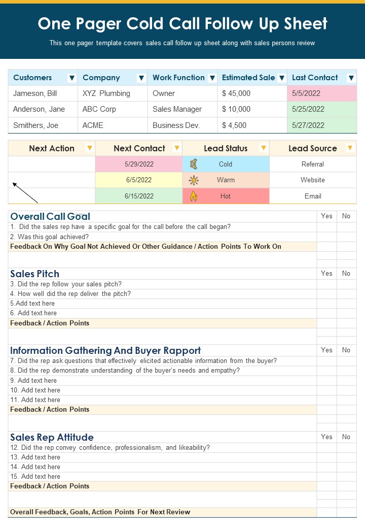One Pager Cold Call Follow Up Sheet PDF Document PPT Template