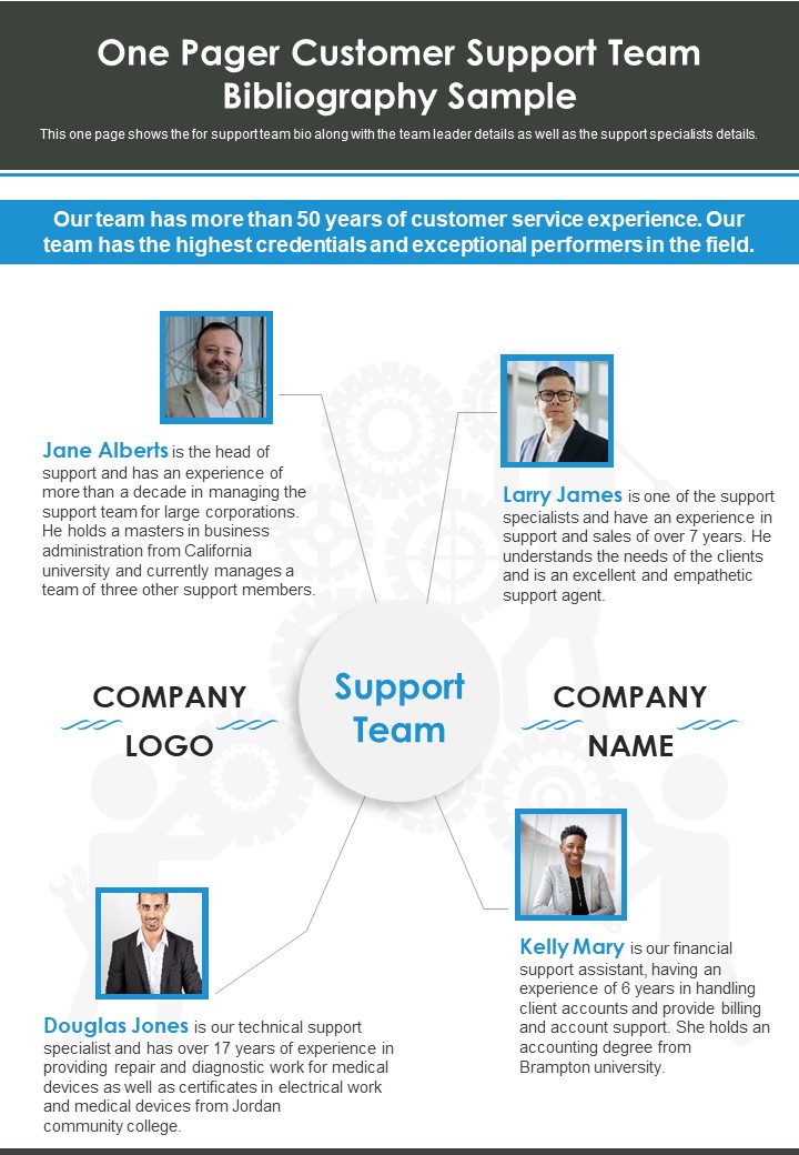 One Pager Customer Support Team Bibliography Sample PDF Document PPT Template