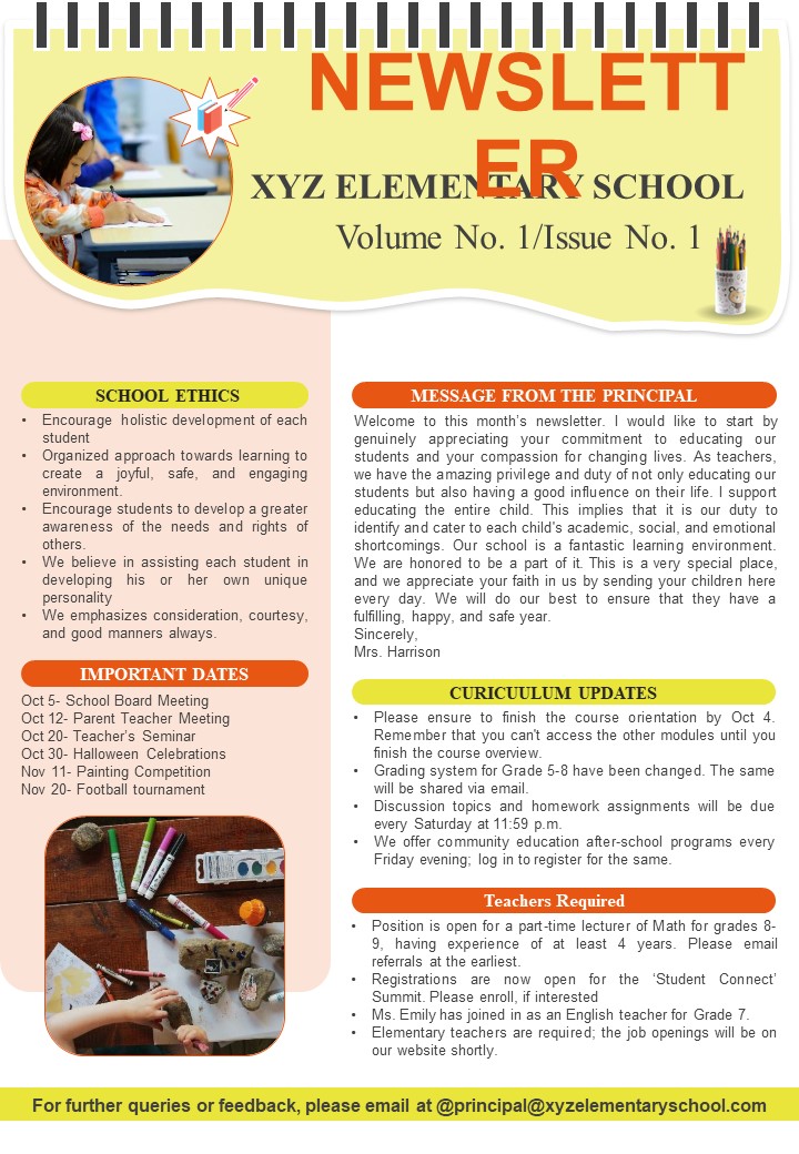 One Pager Elementary School Teaching Newsletter PDF Document PPT Template
