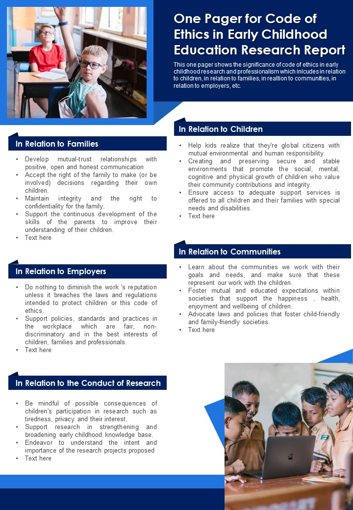 One Pager For Code Of Ethics In Early Childhood Education Research Report PDF Document PPT Template