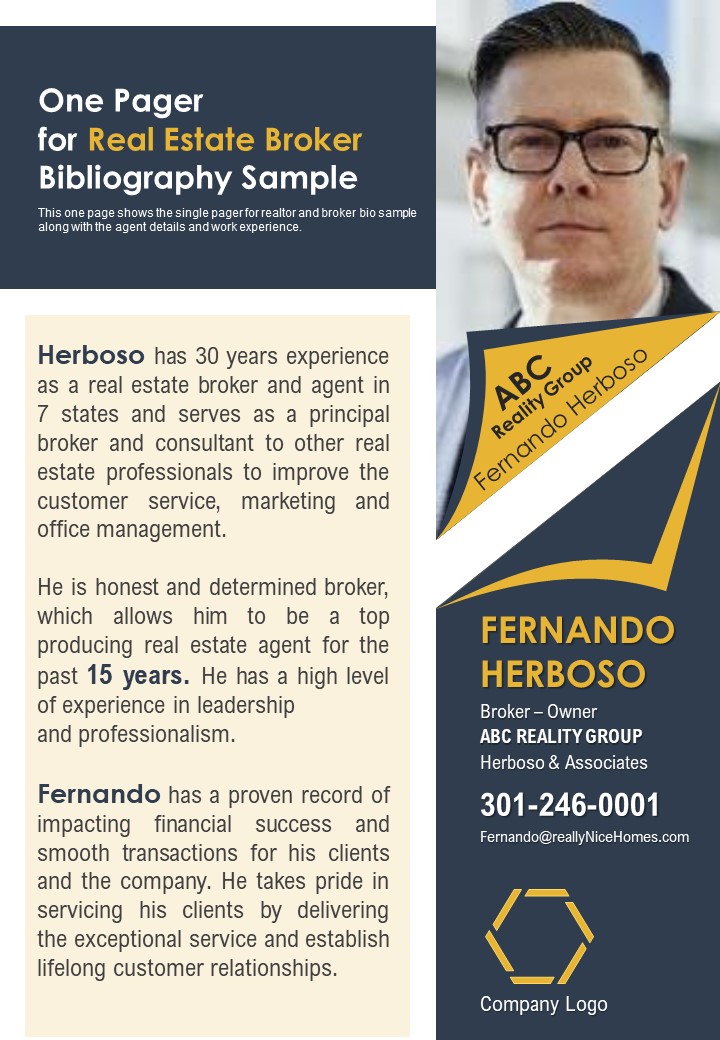 One Pager For Real Estate Broker Bibliography Sample PDF Document PPT Template
