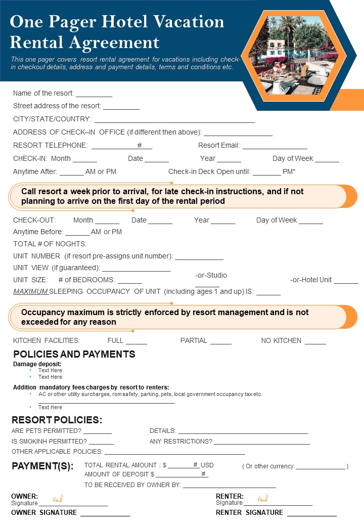 One Pager Hotel Vacation Rental Agreement PDF Document PPT Template
